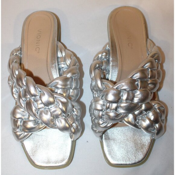 Vionic Size 11 Kalina Braided Cross Strap Slide Sandals Silver Metallic - Picture 2 of 9